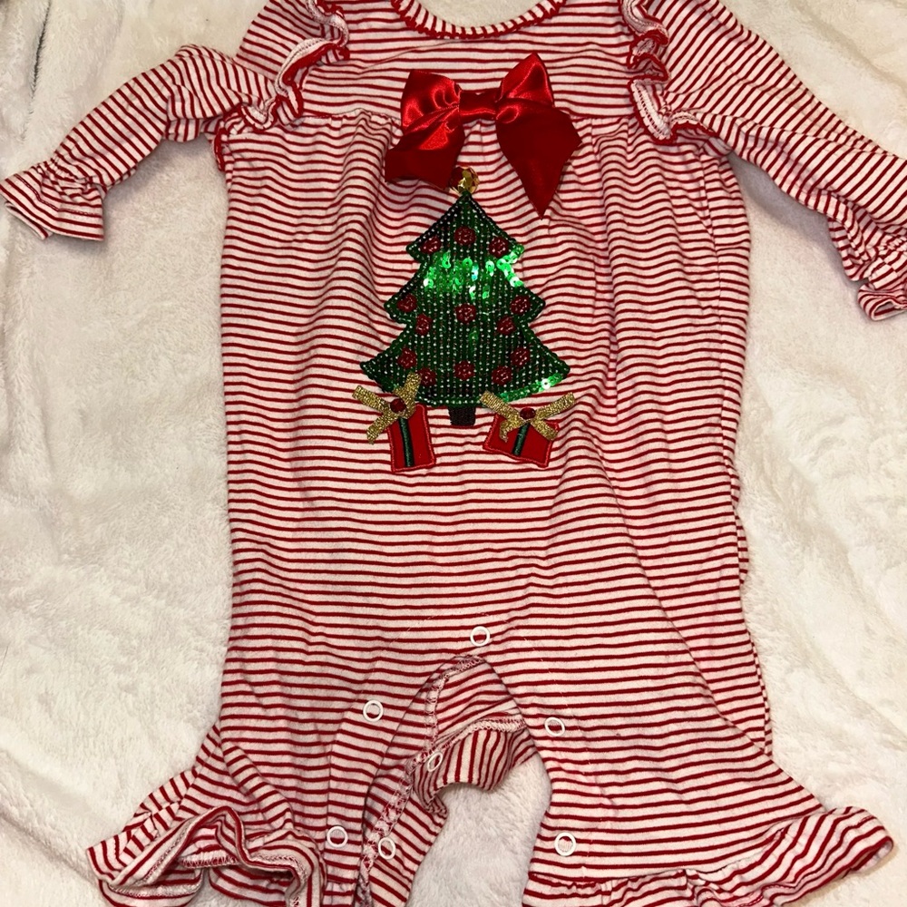 Bonnie Baby Striped Sequin Christmas Tree Ruffle Onesie Size 6-9m worn once